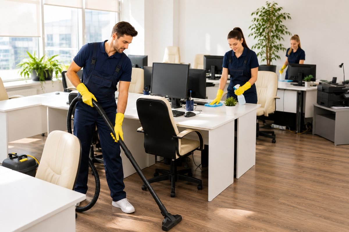 A team of professional cleaners tidying an office workspace